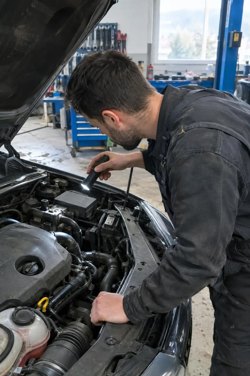 Mehanik pregleduje motor pod odprtim pokrovom