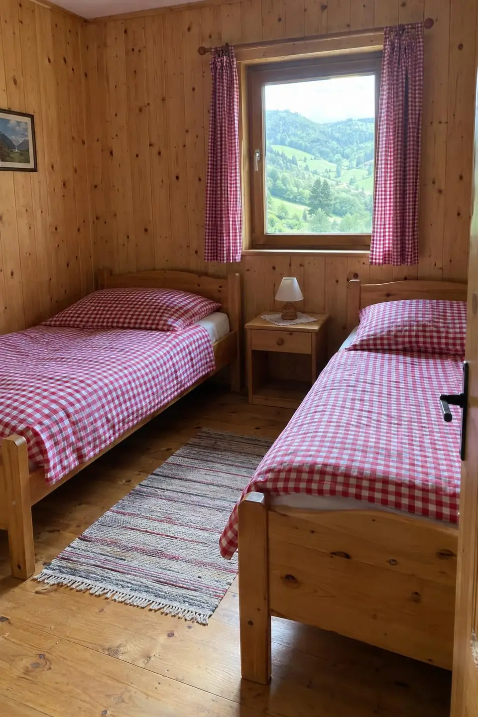 Soba z dvema lesenima posteljama in kariranimi prevlekami